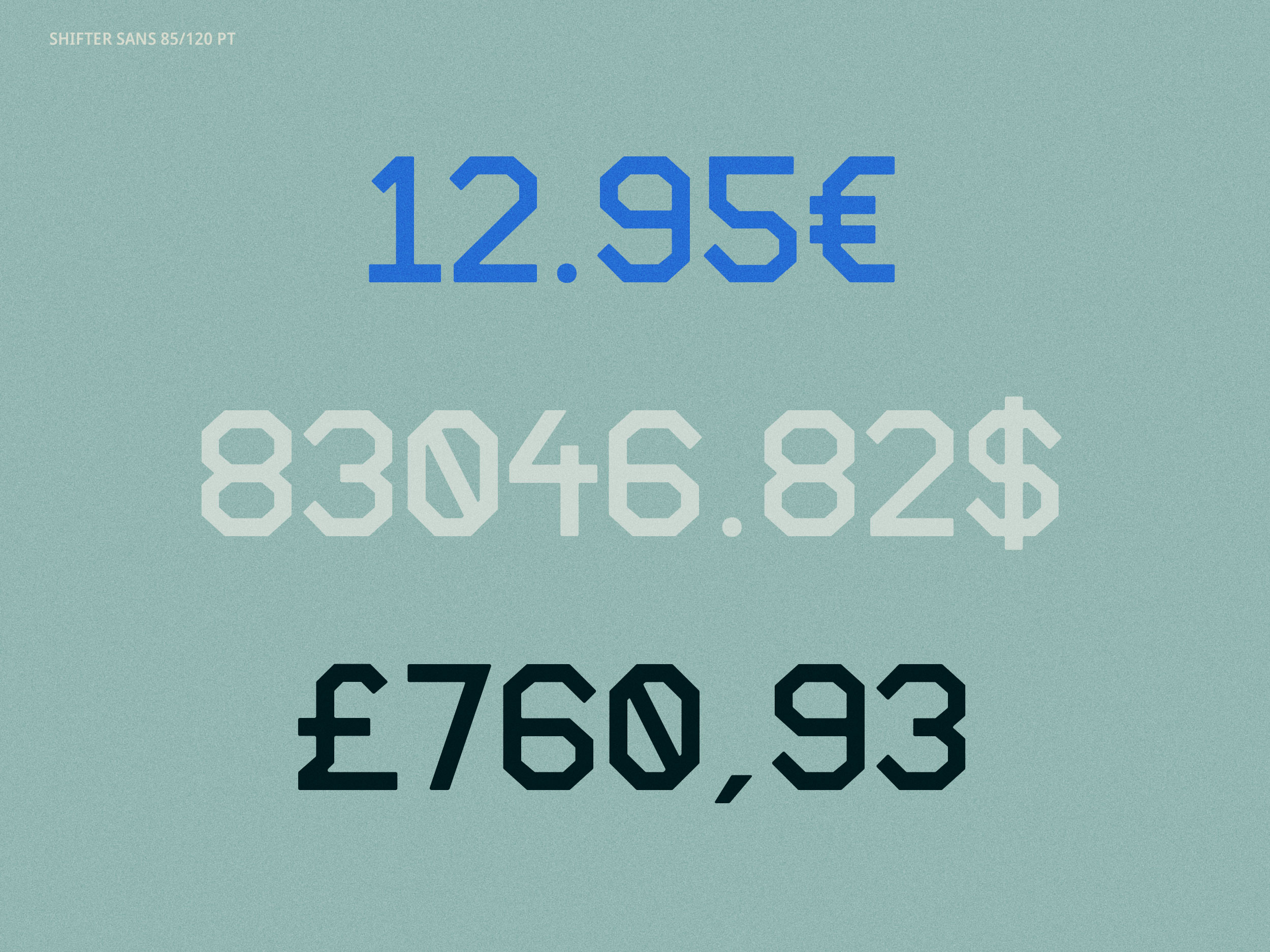 Shifter Sans specimen - numbers, currency symbols